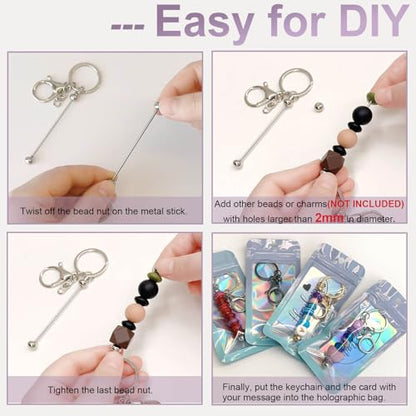 42/84/126 Pcs Beadable Keychain Bars Bulk Blank DIY Beaded Keychain Making Supplies with Bag Thank You Card - color: Black