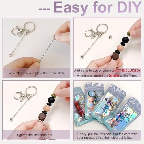 42/84/126 Pcs Beadable Keychain Bars Bulk Blank DIY Beaded Keychain Making Supplies with Bag Thank You Card - color: Silver