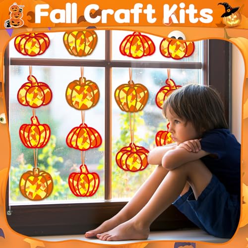 Qyeahkj 36 Set Fall Pumpkin Suncatchers Crafts for DIY Autumn Window Tissue Paper Crafts Kit Thanksgiving Pumpkin Hanging Decor for Fall Home Activity Art Project Birthday Party Favor Gift - style: Fall Pumpkin