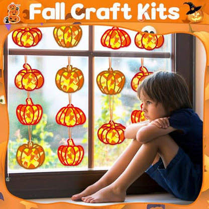 Qyeahkj 36 Set Fall Pumpkin Suncatchers Crafts for DIY Autumn Window Tissue Paper Crafts Kit Thanksgiving Pumpkin Hanging Decor for Fall Home Activity Art Project Birthday Party Favor Gift - style: Fall Pumpkin