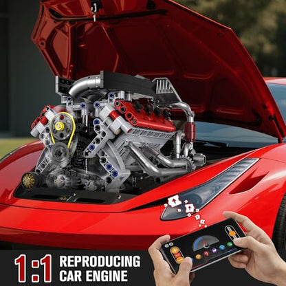 HIGH GODO Ideas V8 Engine Building Kit that Works, Build Your Own MOC Mini V8 Engine Model Toy for Display, STEM Toys Gifts for Teens Adults 14+ (700 PCS) - style: V8 Engine-C