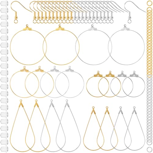 Pndeyo 169pcs Hypoallergenic Earring Beading Hoop Kits, Gold & Silver 15 Styles, Metal Round Hoop, Open Earring Wire Ring, for Jewelry Making, Easy to Match and Wear - color: Round & Teardrop-169pcs-Gold & Silver