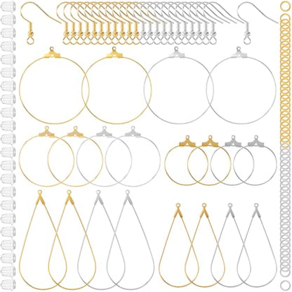 Pndeyo 169pcs Hypoallergenic Earring Beading Hoop Kits, Gold & Silver 15 Styles, Metal Round Hoop, Open Earring Wire Ring, for Jewelry Making, Easy to Match and Wear - color: Round & Teardrop-169pcs-Gold & Silver