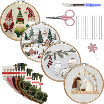 LB Christmas Embroidery Kit for Beginners: 4-Piece Cross Stitch Set with Green Plant, White Snowflake & Gnomes | Adults DIY Starter Kit Includes Hoop, Threads and Tools - color: White and Green