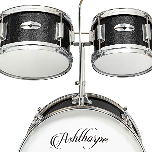 Ashthorpe 5-Piece Complete Kids Drum Set with Genuine Brass Cymbals - Junior Beginner Kit with 16" Bass, Throne, Hi-Hats, Pedals & Drumsticks - Black - color: Black