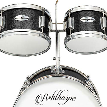 Ashthorpe 5-Piece Complete Kids Drum Set with Genuine Brass Cymbals - Junior Beginner Kit with 16" Bass, Throne, Hi-Hats, Pedals & Drumsticks - Black - color: Black
