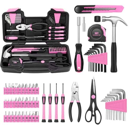58-Piece Household Tool Set for Women with Plastic Toolbox, Pink - color: Pink, size: 58-Piece