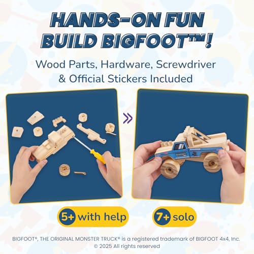 DIY Bigfoot 1 Monster Truck Wooden Kit w/Stickers (Small 5")- Officially Licensed Kids Building Kit - Wood Building Kits for Kids & Stem Toys for Ages 5-8 Years - Arts & Crafts Kits for Children