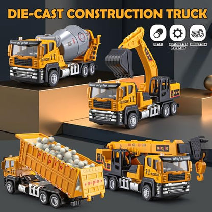 4 Packs Metal Construction Trucks Playsets, Mini Friction Powered Engineering Vehicle, Crane, Excavator, Cement Mixer, Dump Truck Toys for Boys 3-5 Years Old, Die-Cast Trucks for Toddlers Kid - style: Construction Trucks Set