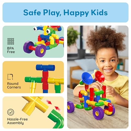 PicassoTiles PTT136 136pcs Tubular Pipes & Spout STEAM Interlocking Educational Building Block Set, Tube Locks, Pipeworks Construction Blocks w/Storage Container Box, Idea Book, Flute Musical Kit - color: 136pcs Tubular Pipes & Spout