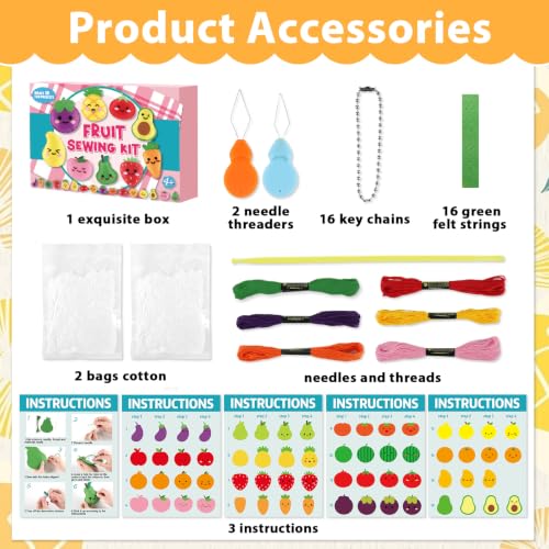 ZOIIWA Fruit Sewing Kit for Kids Sewing Felt Plush Stuffed Ornament Fruit Vegetable Kids Felt Kit DIY Art Craft Food Embroidery Keychain Christmas Gift for Beginner Ages 4+ Educational Learn to Sew
