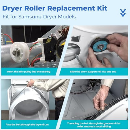【UPGRADED】 DC97-16782A Fit for Samsung Dryer Roller Replacement Kit, Iclude DC93-00634A Dryer Idler Pulley, 6602-001655 Dryer Belt | High-Temperature & Wear-Resistant Materials By NISHCON - color: Blue