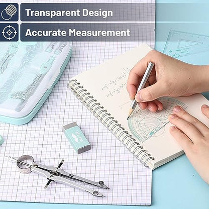 Mr. Pen- Geometry Set, 13 pcs, 3 Metal Compasses, Protractor, 6" Ruler | 45° & 30°/60° Set Squares, Pencils, Lead Refills, Sharpener & Eraser for Math, Drafting & Classroom Use - color: Green