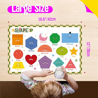 6 Pack Placemats for Kids, Non-Slip Washable, Reusable Alphabet, Number, Shape, Color, America & World Map Themed Educational Placemats for Home, Kindergarten, Classroom, Nursery - style: Education-C