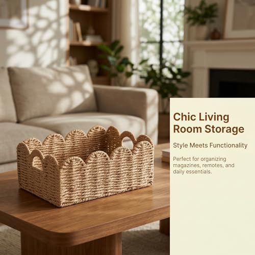 Scalloped Wicker Baskets Set of 3, Hand-Woven Storage with Handles - color: Tan