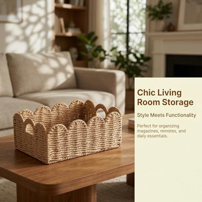 Scalloped Wicker Baskets Set of 3, Hand-Woven Storage with Handles - color: Tan