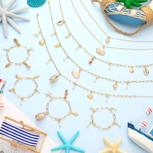 Liliaafar 107 Pcs Charms Lip Gloss Keychain Making Kit Bracelets Necklace Chains Gold Paperclip Beach Jewelry Making Accessory with Shell Charm Pendants Jump Rings Lobster Clasps Pliers for Craft Gift