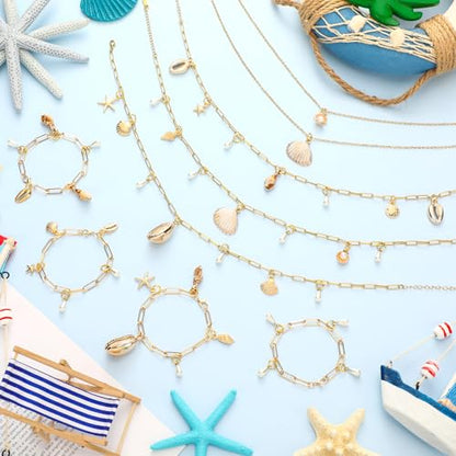 Liliaafar 107 Pcs Charms Lip Gloss Keychain Making Kit Bracelets Necklace Chains Gold Paperclip Beach Jewelry Making Accessory with Shell Charm Pendants Jump Rings Lobster Clasps Pliers for Craft Gift