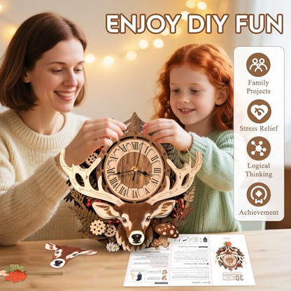 3D Puzzles for Adults Wooden Reindeer Puzzle Clock Adult Crafts - color: Reindeer Clock