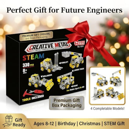 Erector Set for Boys Age 8-12,4 Mini Metal Model Set for Kids,330 PCS STEM Construction Toys,Engineering Building Set with Crane,Forklift,Bulldozer,Fire Truck-DIY STEM Educational Gift for Boys&Teens