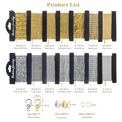 Wisreach 18K Gold & Silver Chain for Jewelry Making, 80 Feet 14 Rolls DIY Bracelet Chains with 200 Jump Rings, 20 Lobster Clasps & 20 Connectors - size: Size 3