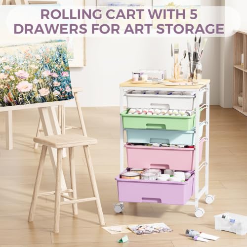 SYKIARIOL 5-Tier Rolling Cart with Drawers with Wooden Top, Ice Cream - color: Ice Cream