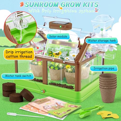 Kids Plant Growing Kit - Kids Greenhouse & Flower Growing Kit with Upgraded Irrigation & Grow Light – Perfect Gardening for Kids（Solar Green）