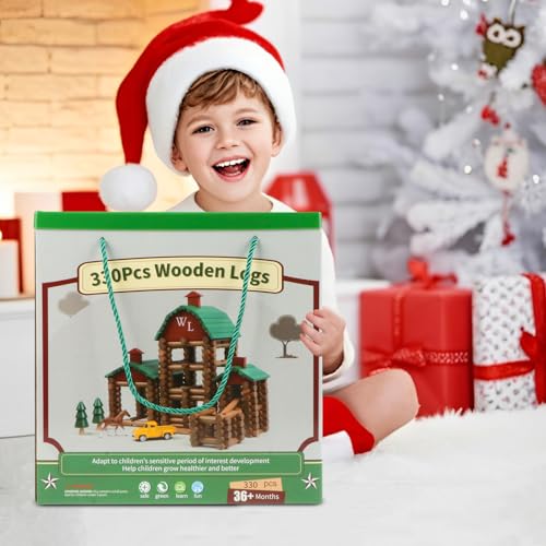 Wondertoys 330 Pcs Wooden Log Set Real Wood Logs Classic Building Log Ages 3+ Best Retro Building Gift Set for Boys Creative Construction Engineering Educational Gifts - style: 330PCS Villas