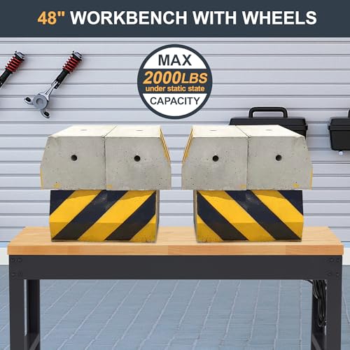 HABUTWAY Height Adjustable Workbench with Wheels 48" x 24" 2000 Lbs Capacity Solid Wood Work Station Heavy-Duty Rolling Work Tables for Garage Party Shop Office - size: 48"x24"x40.6"