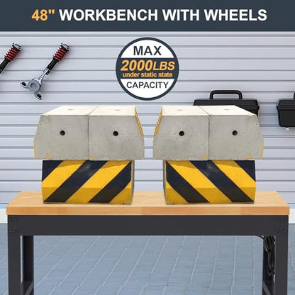 HABUTWAY Height Adjustable Workbench with Wheels 48" x 24" 2000 Lbs Capacity Solid Wood Work Station Heavy-Duty Rolling Work Tables for Garage Party Shop Office - size: 48"x24"x40.6"