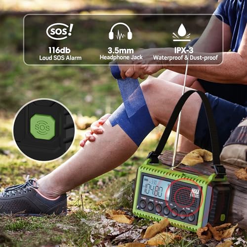 Emergency Radio 5000mAh NOAA Weather FM AM SW Battery Operated 5 Way Power - color: Green with Black