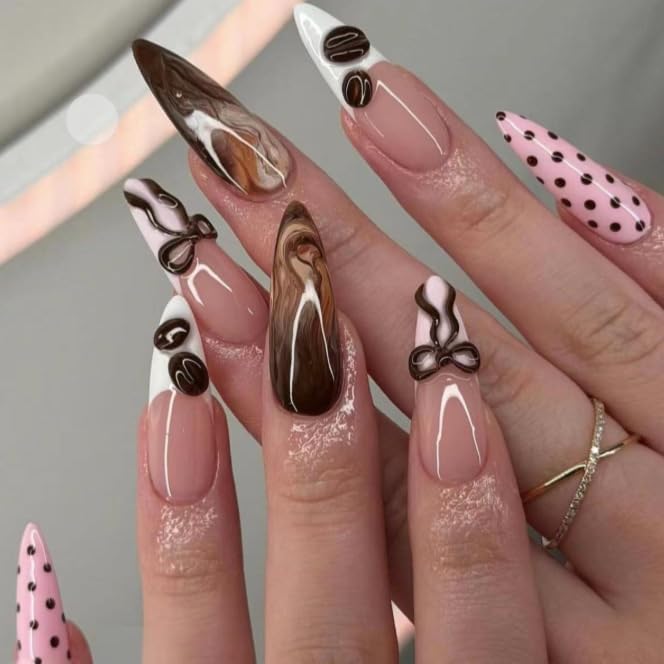 Stiletto Press on Nails Long Chocolate Fake NailPolka dot with Chocolate Beans Charm Acrylic Nail Press ons Brown Bow Stick on Nails for Women 24pcs - color: Color17