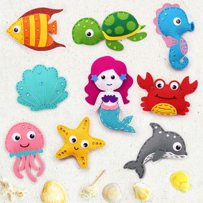 CiyvoLyeen Sea Animals Sewing Kit Mermaid DIY Felt Plush Craft Kit Make Your Own Ocean Animals Gifts for Beginner Boys and Girls Educational Kids Art Craft Supplies Set of 12 - color: Ocean-12 Pcs
