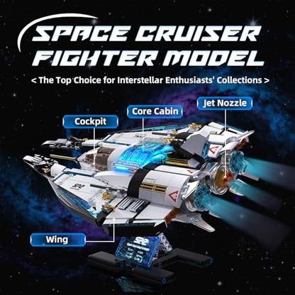 Sosuy Spaceship Building Blocks Set, LED Rocket Shuttle Ship, STEM Toys for Boys 8+, Rotatable Cockpit Space Exploration with Display Stand, Birthday for Boys Kids Girls Teens Adults - style: Starcruiser Fighter
