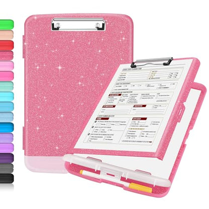 Sooez Glitter Clipboard with Storage, Nursing Clip Boards 8.5x11 with Pen Holder, Cute Clipboards with Low Profile Clip, Sparkle Plastic Organizer Case Box for Women Teacher, Side Opening - color: Glitter Rose Pink