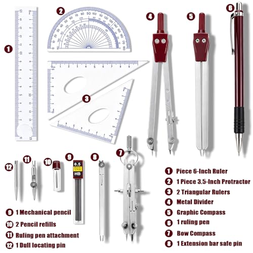13PCS Compass and Protractors Set Math Compass Geometry Tool with Case - color: Brown