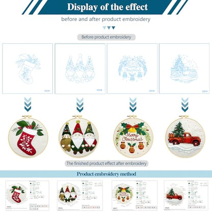 Zhenqing Christmas Embroidery Kit for Beginners - 4 Piece 29x29cm Round Hoop Art with Pre-Printed Cotton Fabric, Embroidery Hoop, Threads & Tools (Merry Christmas, Stocking, Truck, Gnomes) - style: Merry Christmas+Stocking +Truck+Gnomes