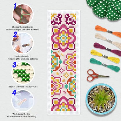 BEUNITONE 6 Pcs Mandala Cross Stitch Bookmark Kits for Beginners DIY Stamped Embroidery Bookmark Kit Colorful Floral Punch Needle Set with Instructions Craft Kit for Book Lover Gifts 8''x2.4'' - style: Small Mandala Pattern