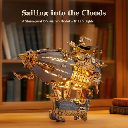 FUNPOLA LED 3D Wood Puzzle Fantasy Airship Model - Steampunk DIY Craft Kit with LED Lights – Intricate Wooden Airship Model Building Set for Adults(Gray) - color: Gray