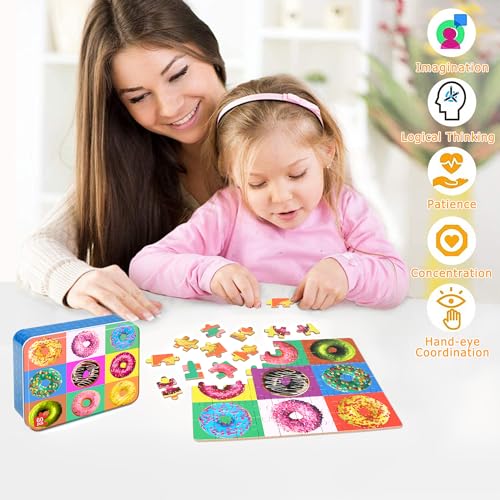 LELEMON Puzzles for Kids Ages 4-6, 60 Piece Puzzles for Kids in Metal Box - color: 9 Piece Donut