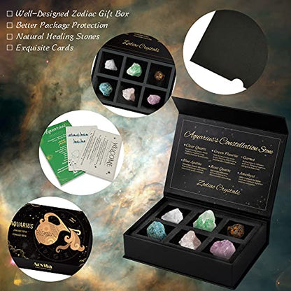 Aquarius Crystals Gift Set, Zodiac Signs Healing Crystals Birthstones with Horoscope Box Set Astrology Crystals Aquarius Healing Stones Gifts - color: Aquarius