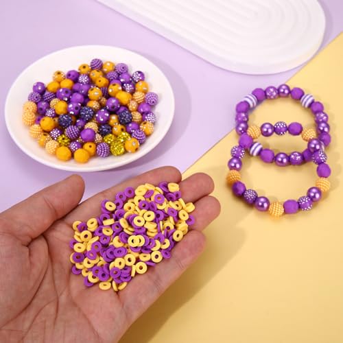 2200PCS+ Game Day Beads Charms for Bracelet Making Polymer Clay Beads Crystal Pearl Letter Gold Spacer Beads Football Charms for Game Day Bracelet Necklace Making DIY Crafts - color: Purple Yellow