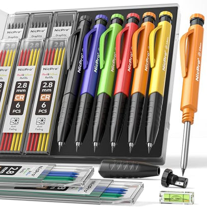 Nicpro 6 Pack Upgraded 3-IN-1 Carpenter Pencil Set with Finger Grip, Construction Pencils with 54 Refill & Mini Spirit Level, Deep Hole Carpenter Tool, Mechanical Carpenter Pencil for Woodworking - size: 6 PACK