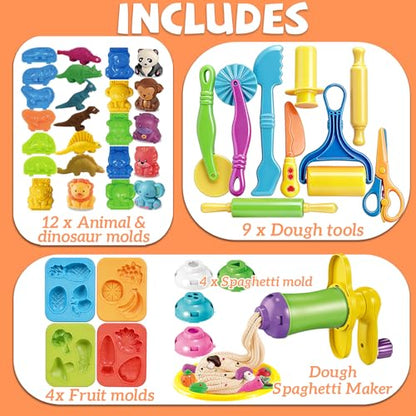 31 Pcs Dough Tools, Dough Play Tools Set + Kitchen Spaghetti Maker Machine Clay and Dough Accessories with Rolling Pins, Clay Cutters, Safety Scissors, 3D Dino & Animal & Fruit Molds