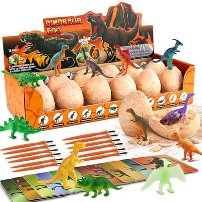 Zippytots Dinosaur Egg Dig Kit 12 Unique Eggs STEM Science Toy for Kids 3-8 | Premium Safe Material | Gold Glow & Color-Change Dinos | Complete STEM Dig Kit with Tools & Cards | Top Science Gift