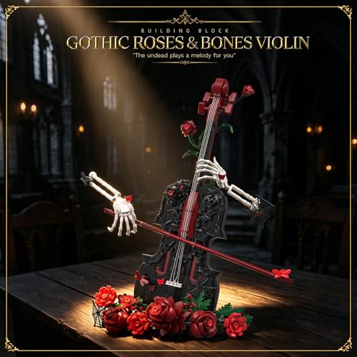 Gothic Cello Building Set Compatible with Lego, Rose Skeleton Art Model