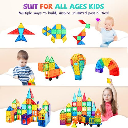 cossy 220Pcs Magnetic Tiles Magnetic 3D Building Blocks Set, Construction Toys for 3 4 5 6 7 8 Year Old Boy and Girl with Stronger Magnets, Educational Toys, Recreational, Conventional - size: 220 Pieces