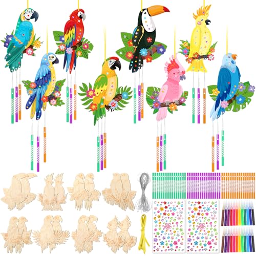 Amyhill 16 Pack Bird Wind Chimes Craft Kit, DIY Painting Wooden Art, Gifts - style: Parrot Bird