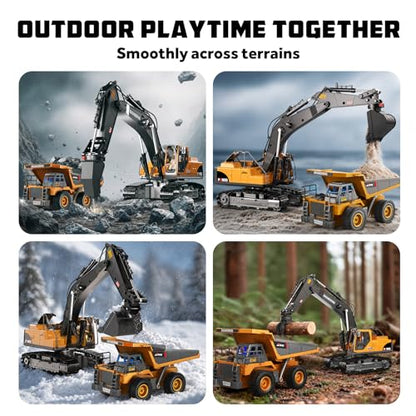 Remote Control Excavator and Dump Truck Toy Set for Kids, 2.4GHz RC Construction Vehicles with Light, Sound Effects, Metal Bucket, Claw and Drill Attachments, Engineering Truck Toys for Boys and Girls