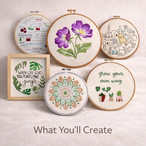 BUZZCRAFT Embroidery Starter Kit for Beginners & Adults, Learn 30+ Stitches, 10 Pre-Printed Practice Patterns, Hand Embroidery Kit with Hoop, Needles, Floss & Instruction Book, DIY Sewing Craft Kit